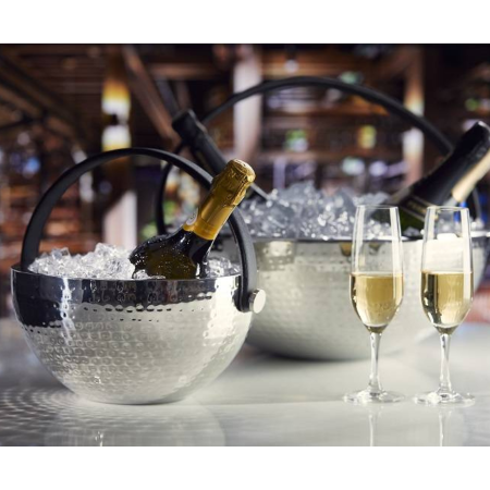 Secchiello portaghiaccio in acciaio martellato con manico in ecopelle Ø27 cm